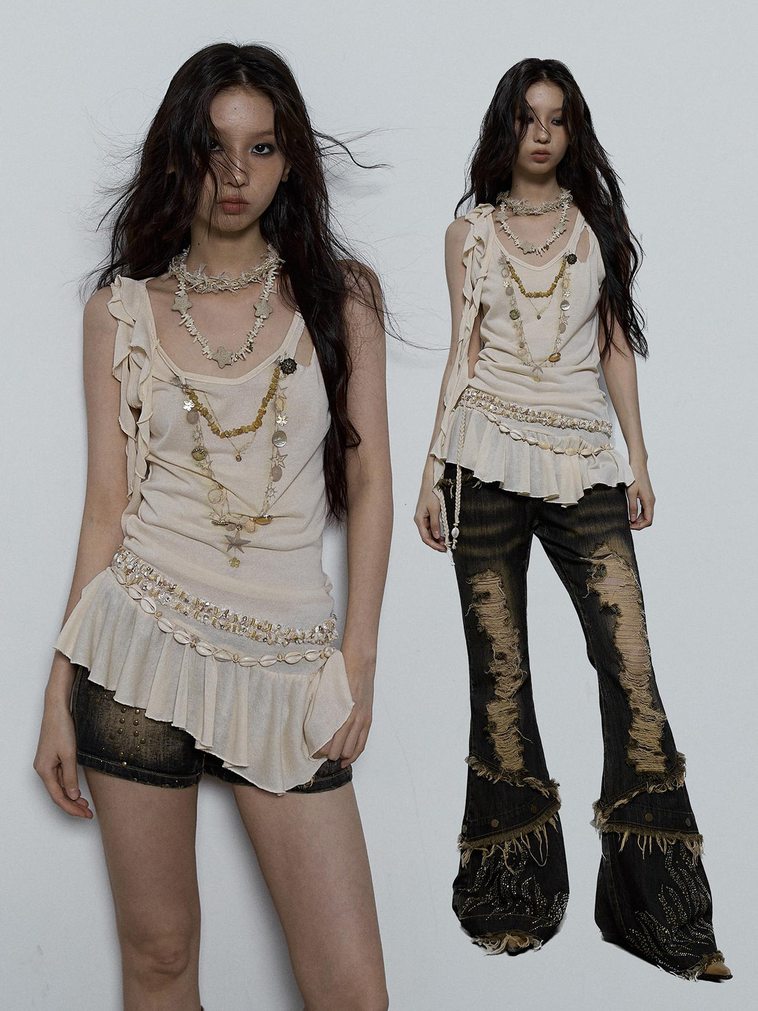 Vintage Shell Necklace Handmade Lace Trim Camisole Top