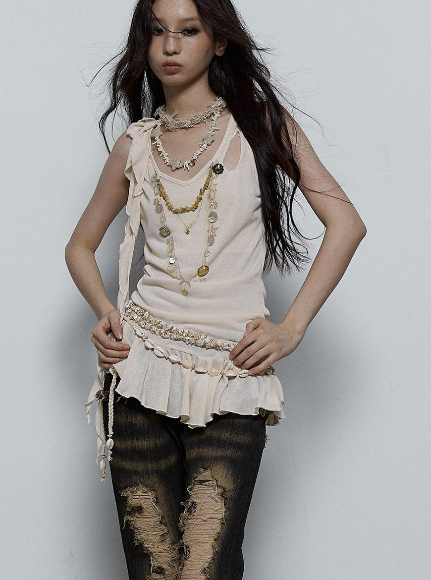 Vintage Shell Necklace Handmade Lace Trim Camisole Top