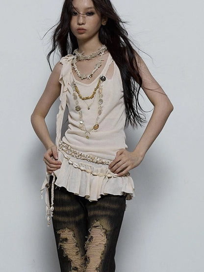 Vintage Shell Necklace Handmade Lace Trim Camisole Top