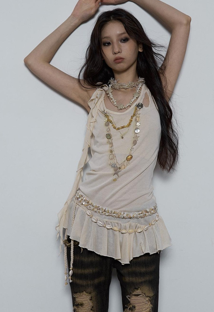 Vintage Shell Necklace Handmade Lace Trim Camisole Top