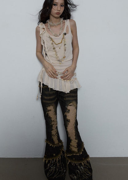 Vintage Shell Necklace Handmade Lace Trim Camisole Top