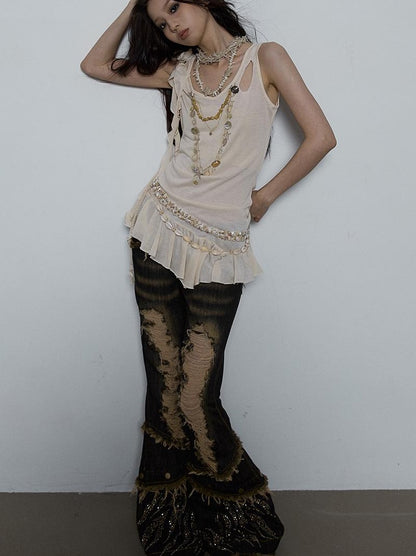 Vintage Shell Necklace Handmade Lace Trim Camisole Top