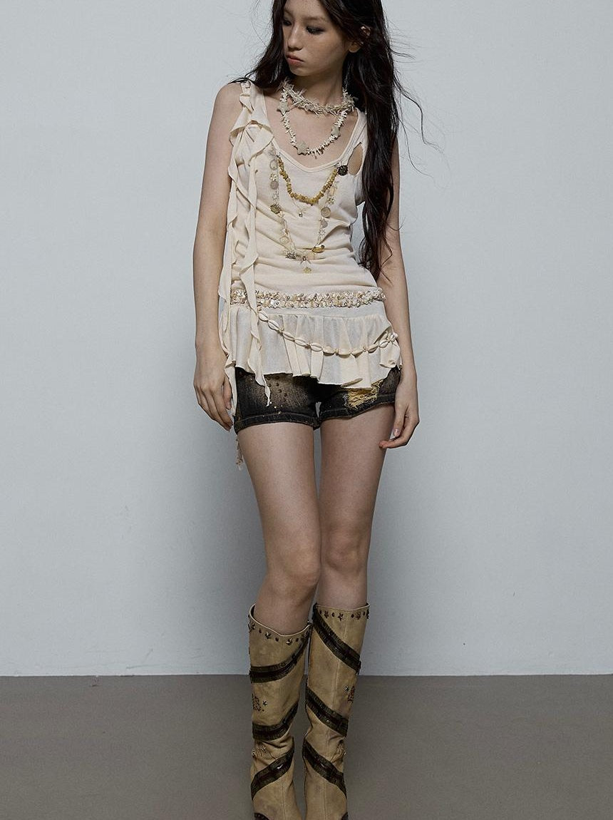Vintage Shell Necklace Handmade Lace Trim Camisole Top