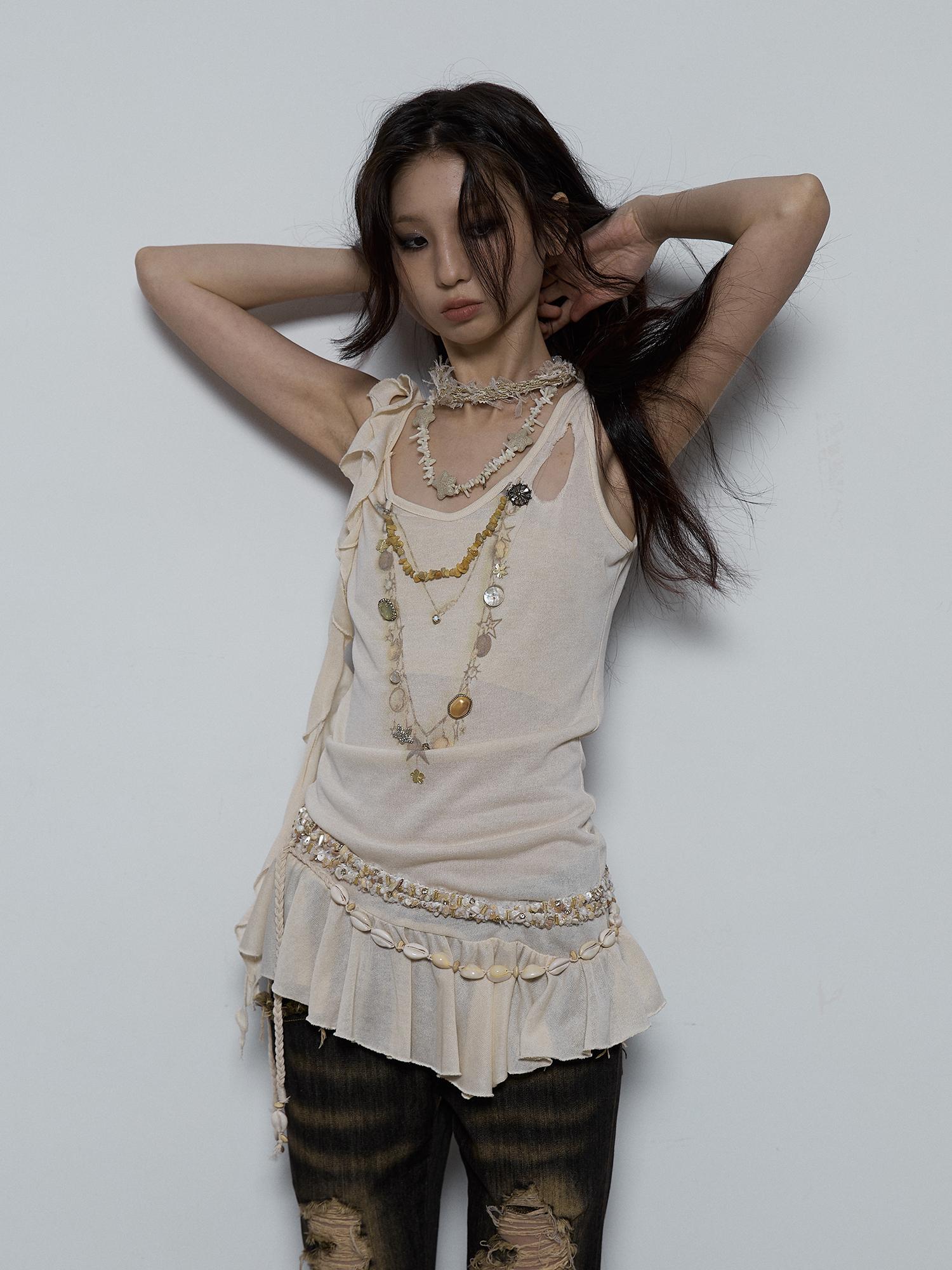 Vintage Shell Necklace Handmade Lace Trim Camisole Top