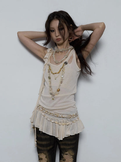 Vintage Shell Necklace Handmade Lace Trim Camisole Top