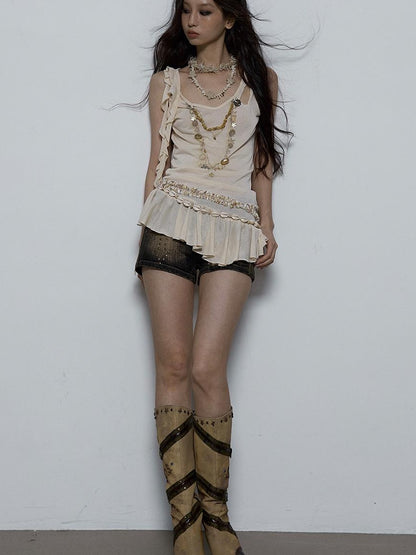 Vintage Shell Necklace Handmade Lace Trim Camisole Top
