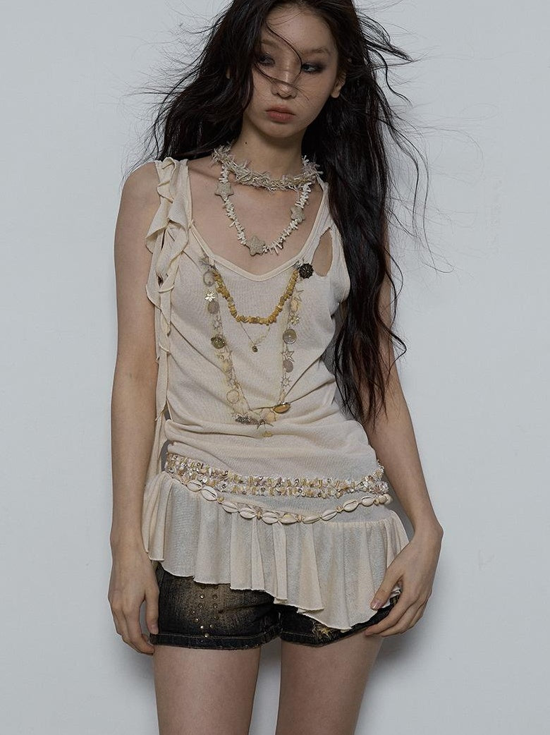 Vintage Shell Necklace Handmade Lace Trim Camisole Top