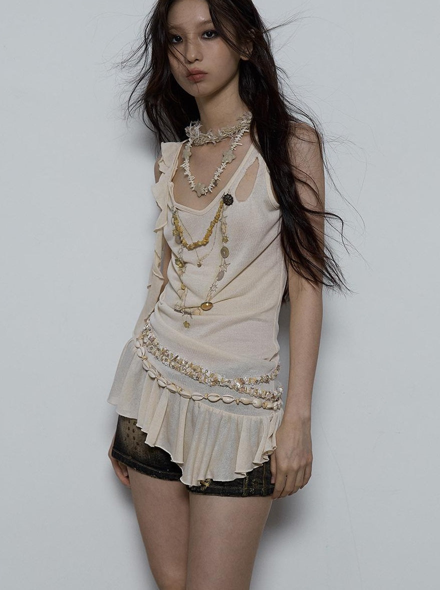 Vintage Shell Necklace Handmade Lace Trim Camisole Top