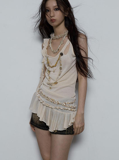 Vintage Shell Necklace Handmade Lace Trim Camisole Top