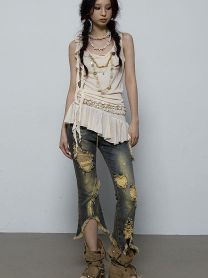 Vintage Shell Necklace Handmade Lace Trim Camisole Top