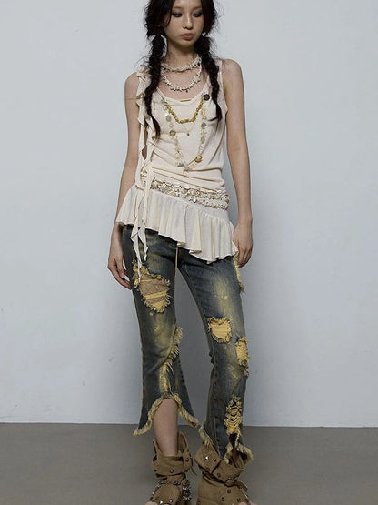 Vintage Shell Necklace Handmade Lace Trim Camisole Top