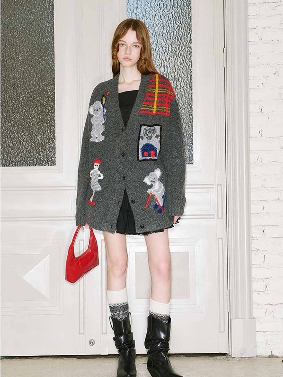 DIDDI MODA Vintage Ski Koala Embroidered Knit Cardigan