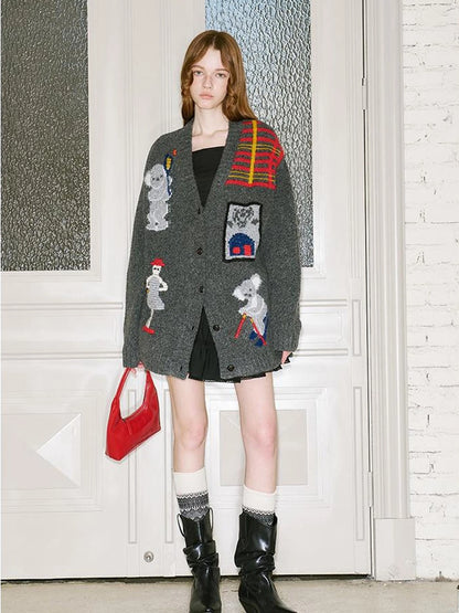 Vintage Ski Koala Embroidered Knit Cardigan