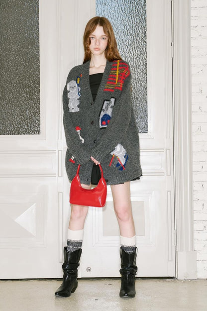 DIDDI MODA Vintage Ski Koala Embroidered Knit Cardigan
