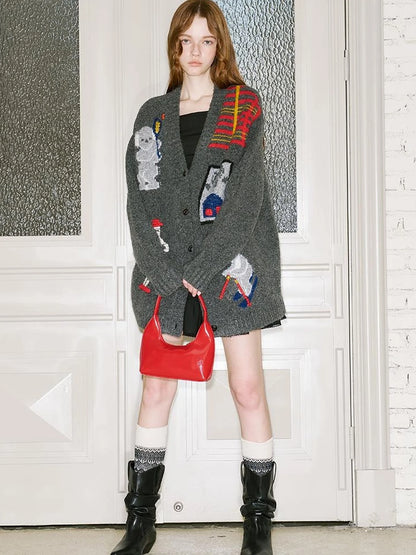 Vintage Ski Koala Embroidered Knit Cardigan