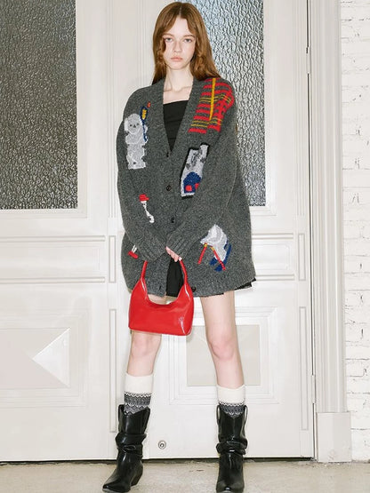 Vintage Ski Koala Embroidered Knit Cardigan