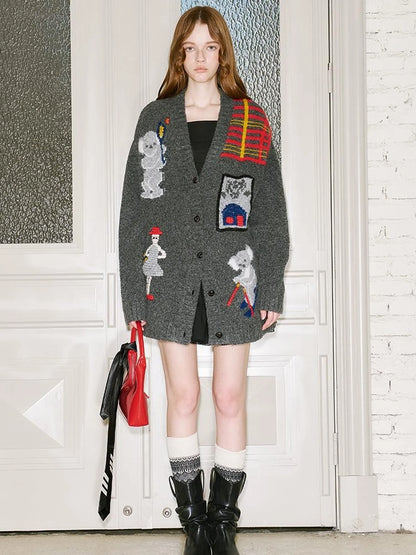 Vintage Ski Koala Embroidered Knit Cardigan