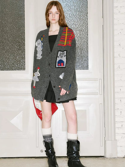 Vintage Ski Koala Embroidered Knit Cardigan