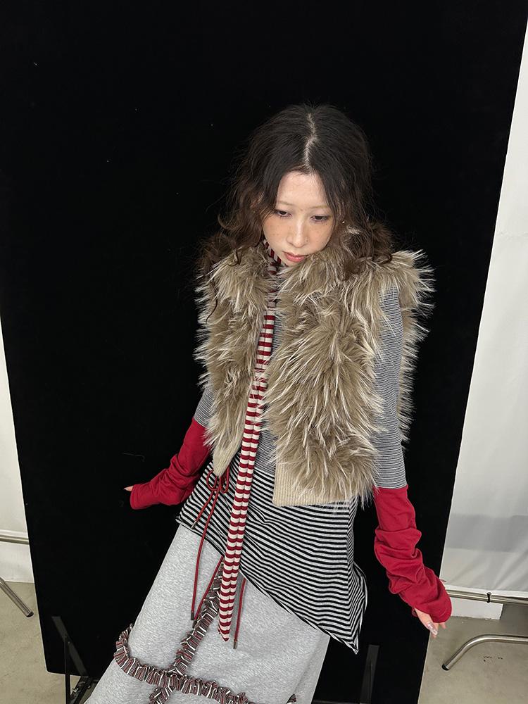 Vintage Sleeveless Long Faux Fur Trim Knit Winter Vest