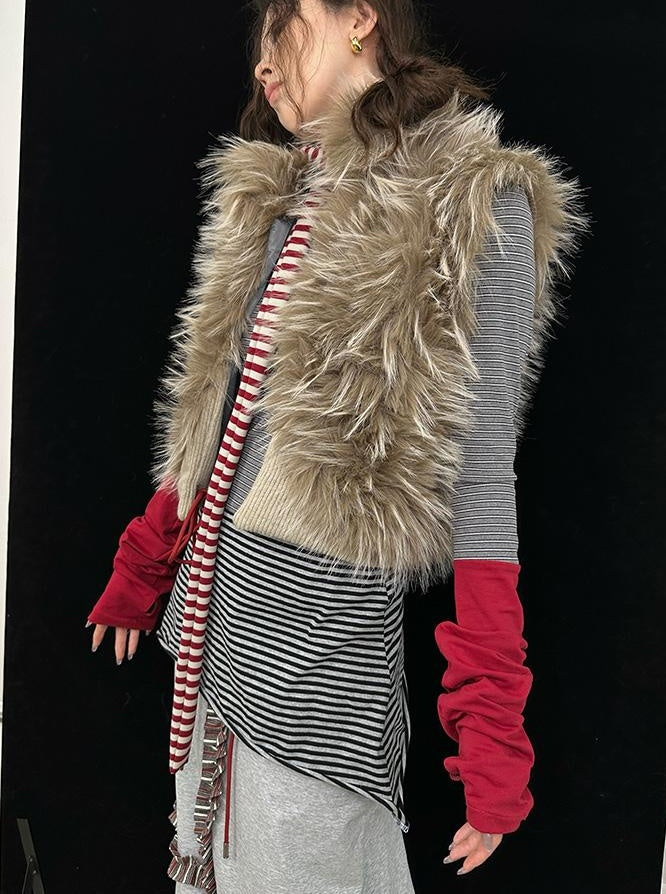 Vintage Sleeveless Long Faux Fur Trim Knit Winter Vest