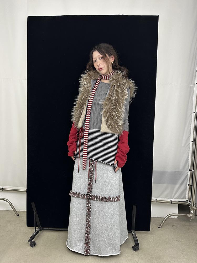 Vintage Sleeveless Long Faux Fur Trim Knit Winter Vest
