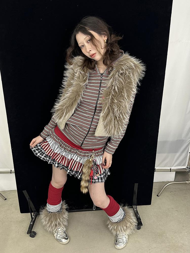 Vintage Sleeveless Long Faux Fur Trim Knit Winter Vest