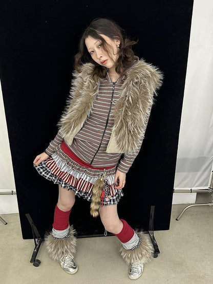 Vintage Sleeveless Long Faux Fur Trim Knit Winter Vest