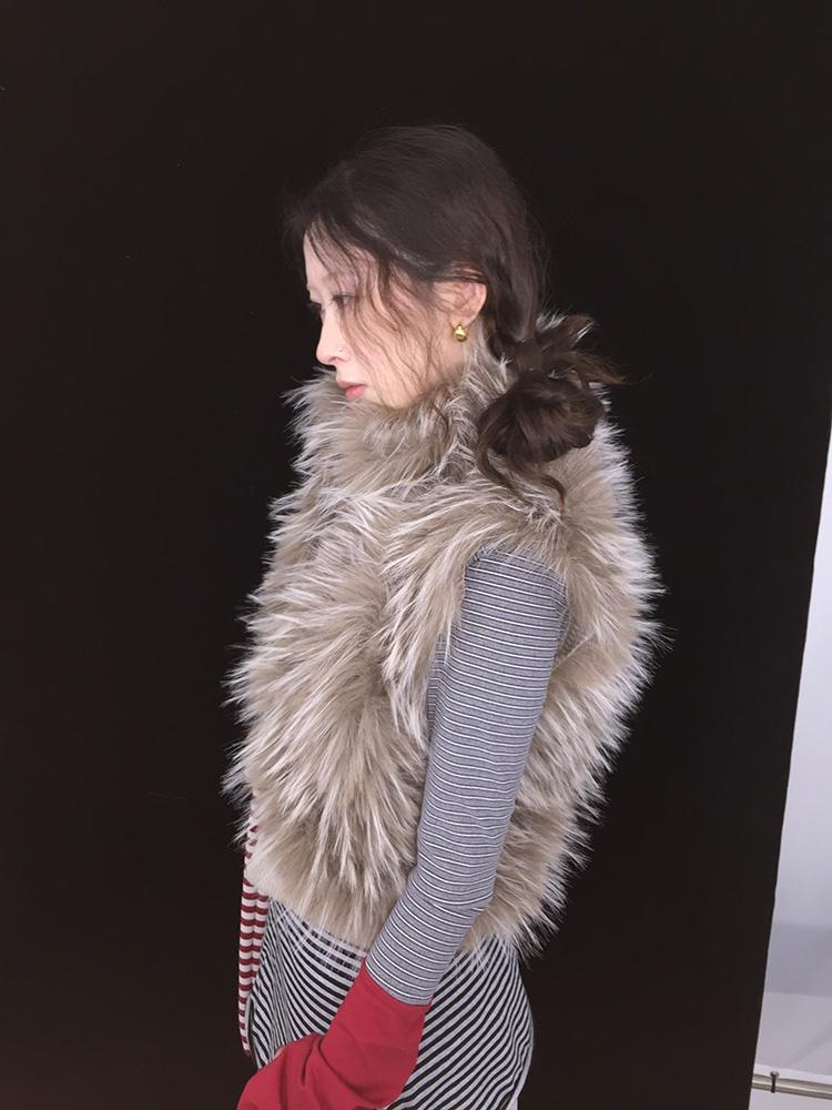 Vintage Sleeveless Long Faux Fur Trim Knit Winter Vest