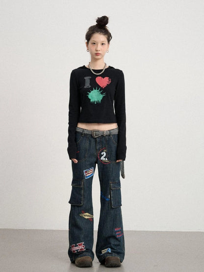 Vintage Stamp Washed Denim Flare Jeans