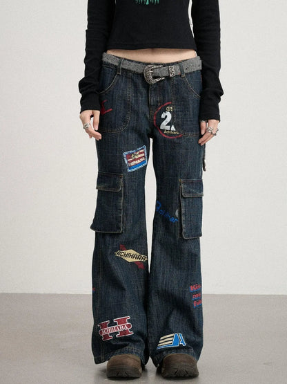 Vintage Stamp Washed Denim Flare Jeans