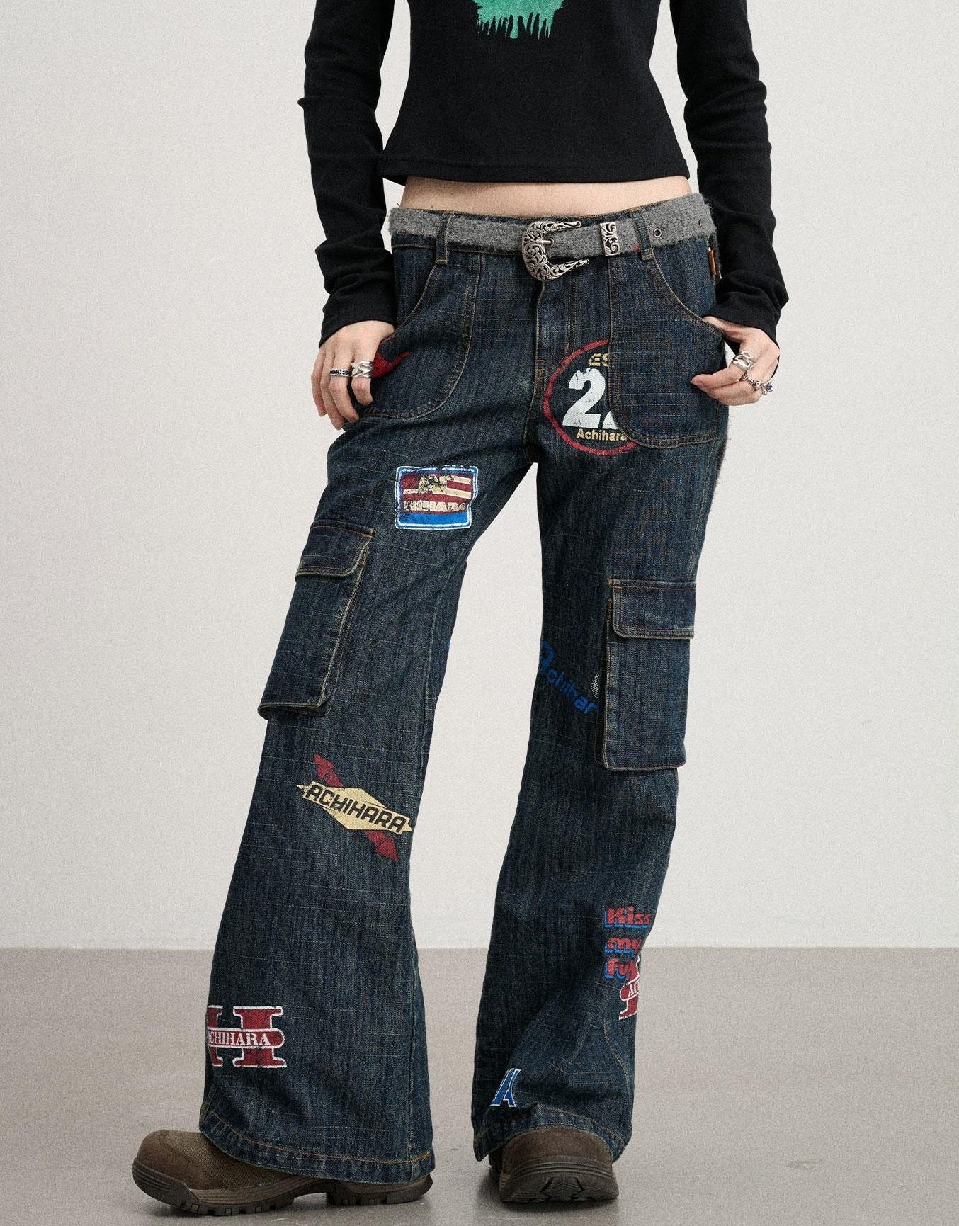 Achihara Vintage Stamp Washed Denim Flare Jeans