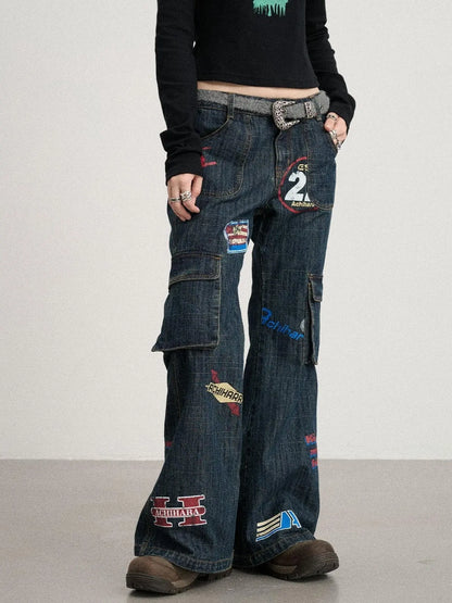 Vintage Stamp Washed Denim Flare Jeans