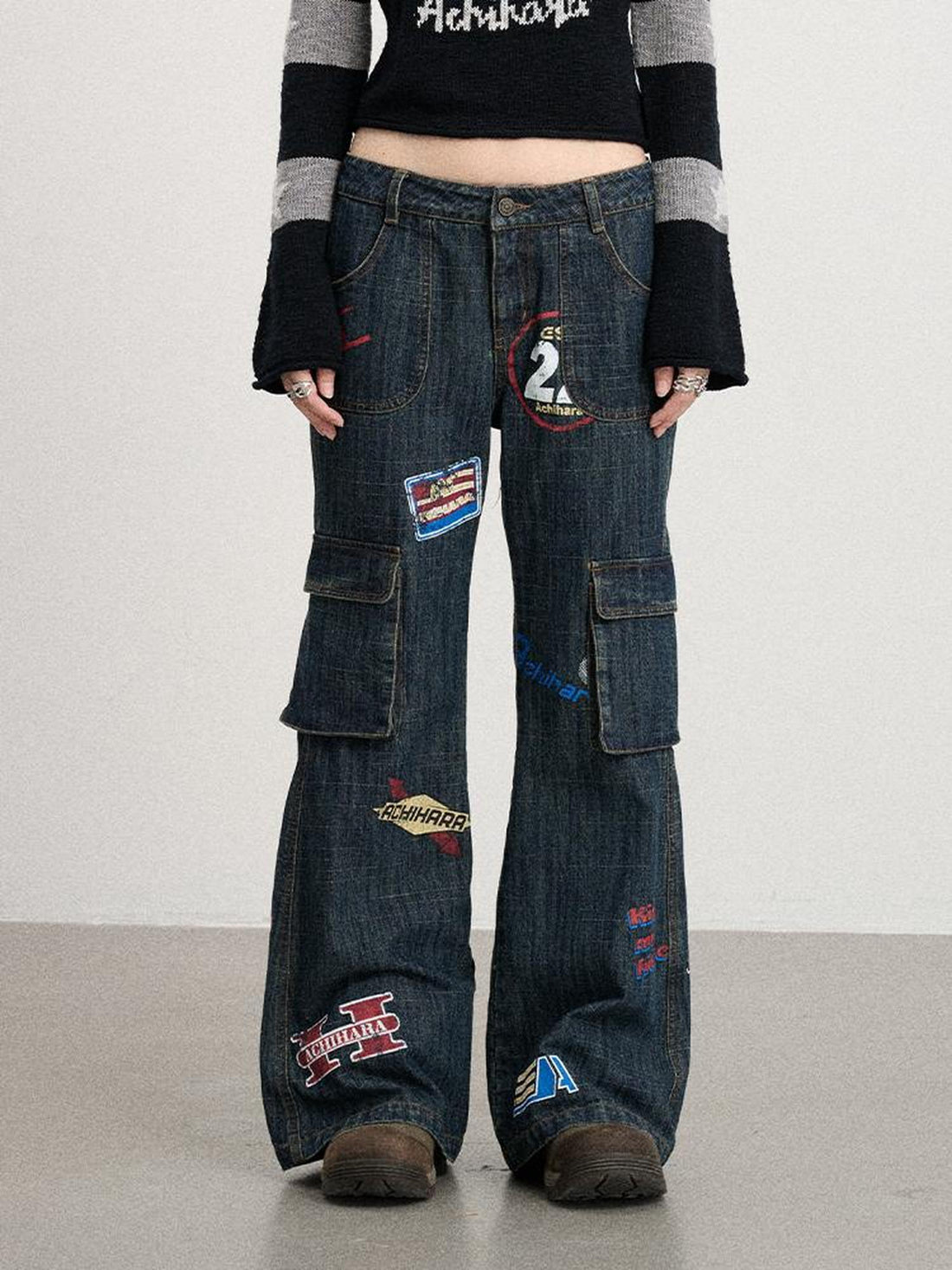 Achihara Vintage Stamp Washed Denim Flare Jeans