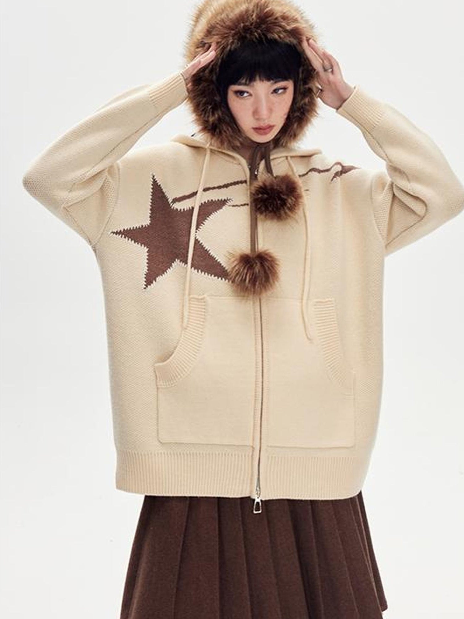 DIDDI MODA Vintage Star Oversized Hooded Wool Sweater Coat