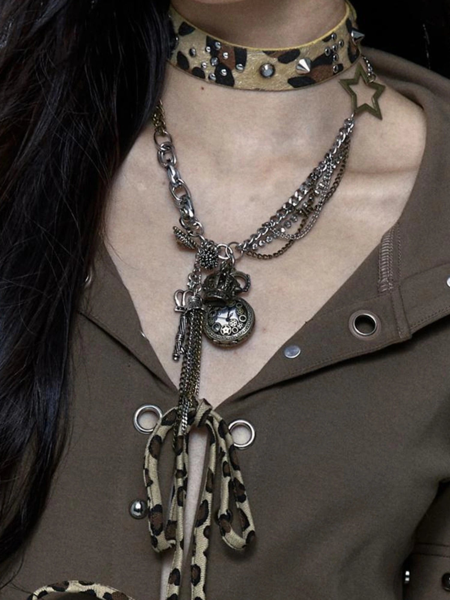 Vintage Steampunk Distressed Button Necklace Waist Chain