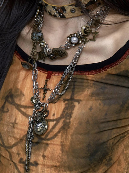 Vintage Steampunk Distressed Button Necklace Waist Chain