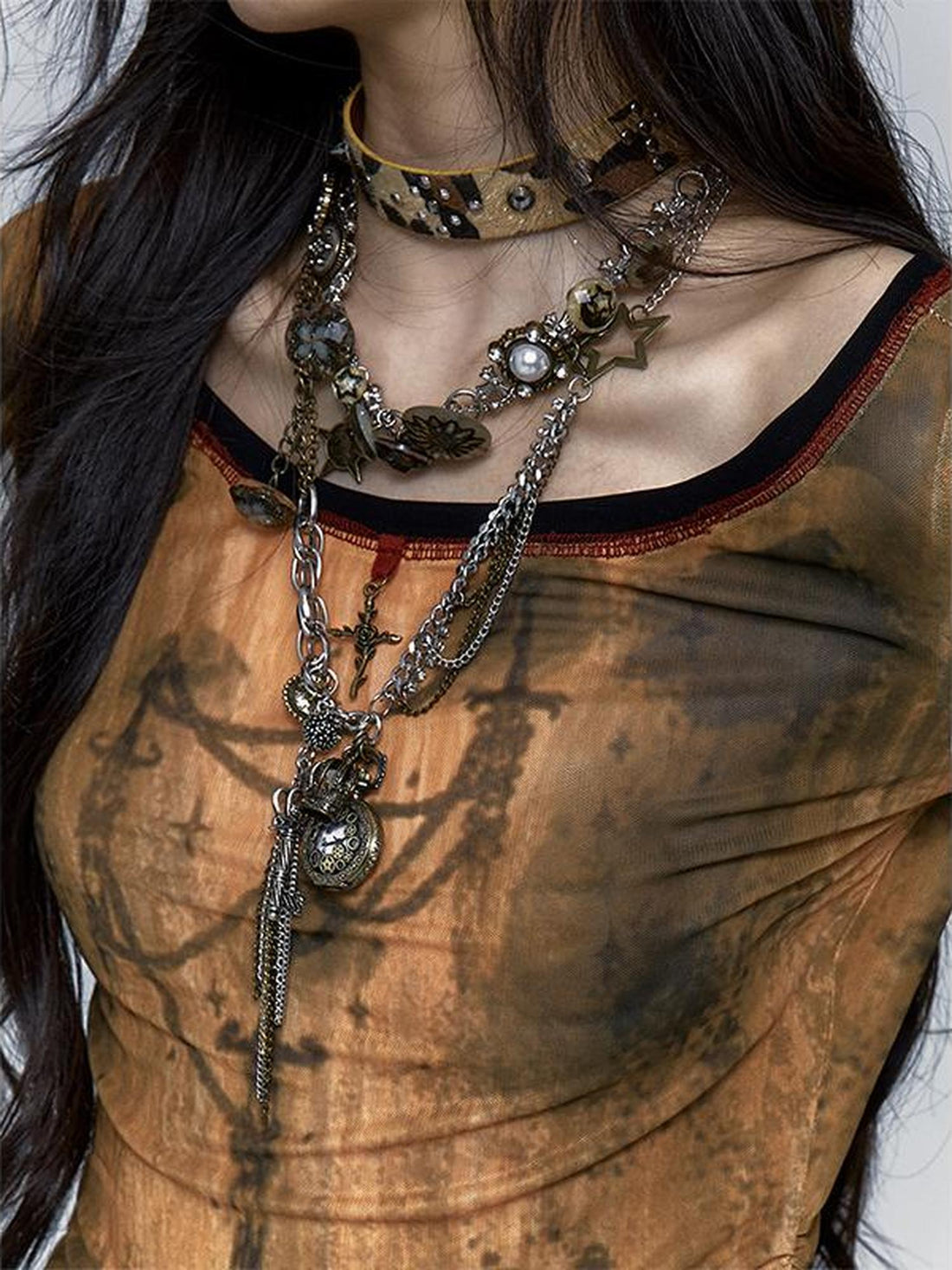 NO ROMANCE Vintage Steampunk Distressed Button Necklace Waist Chain