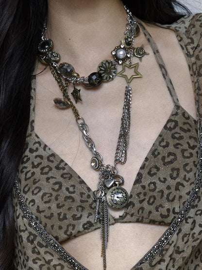 NO ROMANCE Vintage Steampunk Distressed Button Necklace Waist Chain
