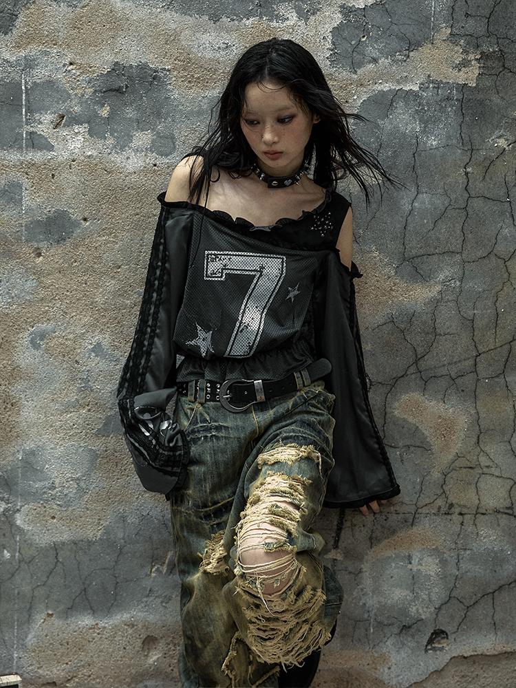 NO ROMANCE Vintage Street Colorblock Lace Baseball T-Shirt