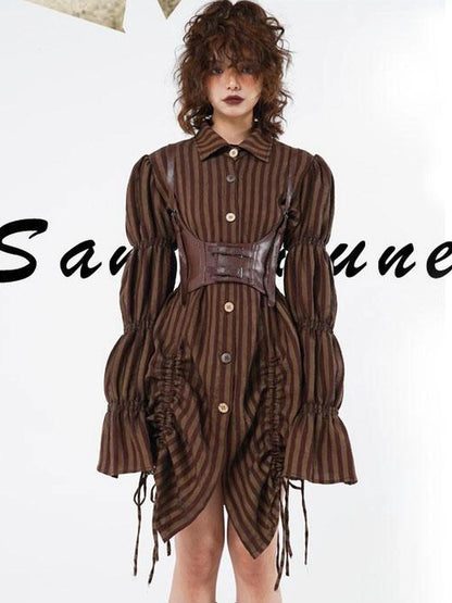 Vintage Stripe Coffee Brown Shirt Dress