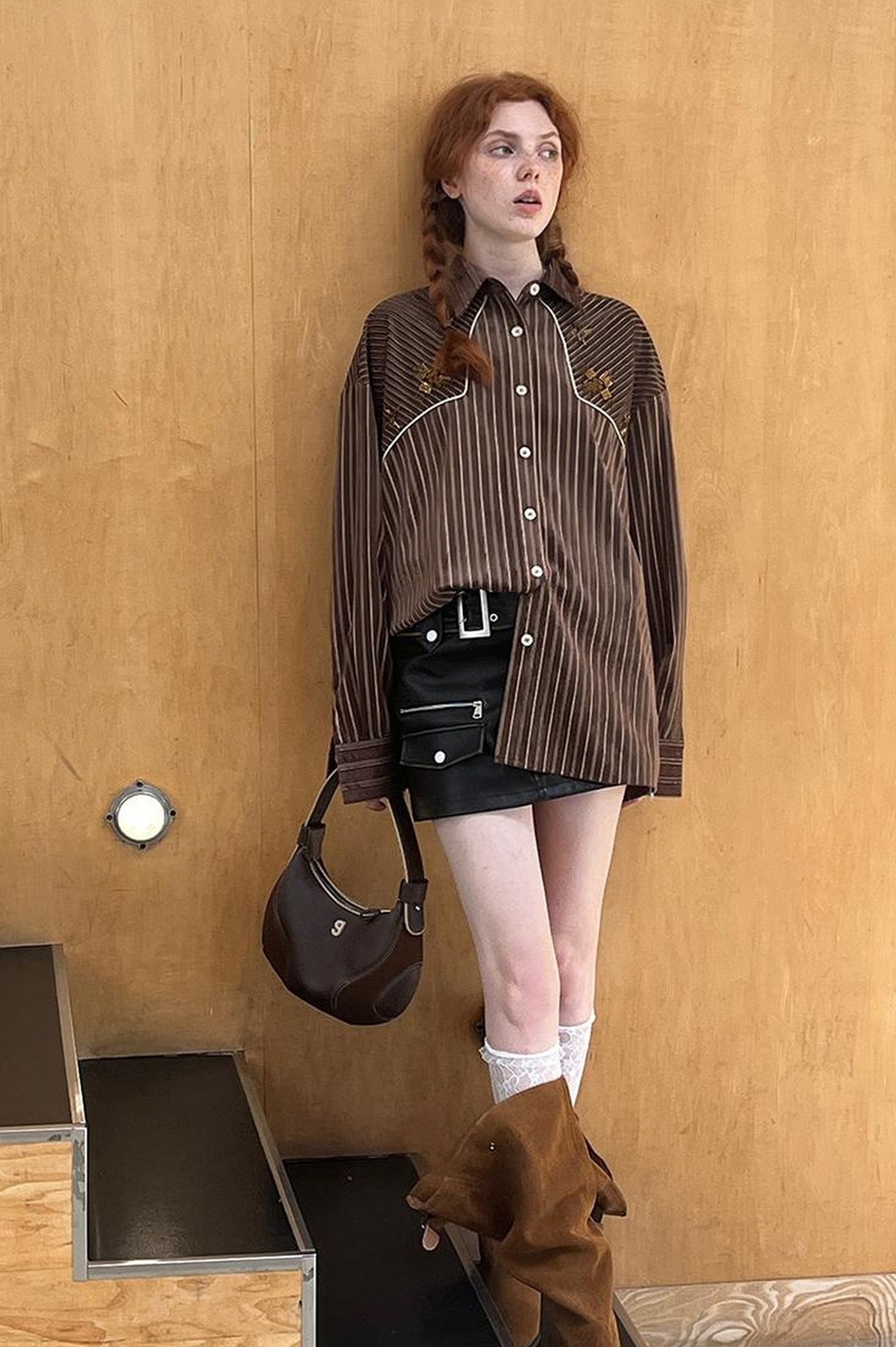 DIDDI MODA Vintage Stripe Flannel Shirt With Beaded Embroidery Contrast Trim