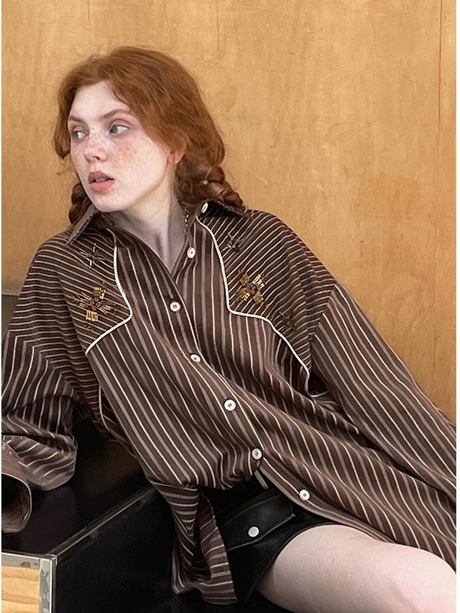 DIDDI MODA Vintage Stripe Flannel Shirt With Beaded Embroidery Contrast Trim