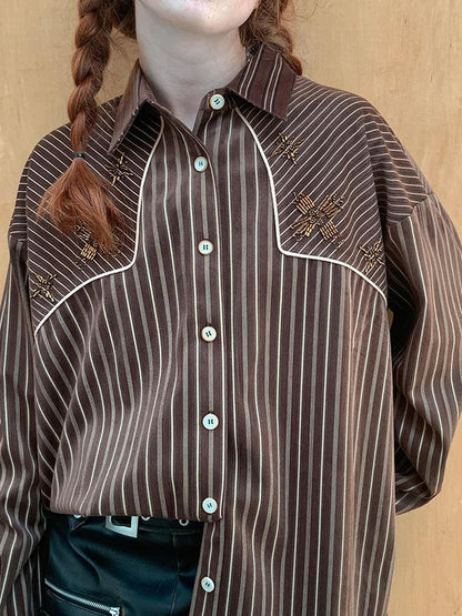 DIDDI MODA Vintage Stripe Flannel Shirt With Beaded Embroidery Contrast Trim