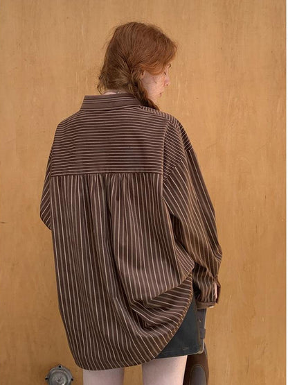 DIDDI MODA Vintage Stripe Flannel Shirt With Beaded Embroidery Contrast Trim