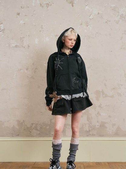DIDDI MODA Vintage Studded Shell Hoodie With Fleece Lining