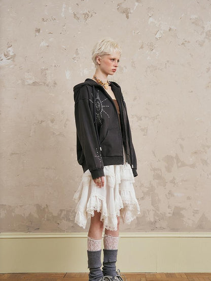 DIDDI MODA Vintage Studded Shell Hoodie With Fleece Lining