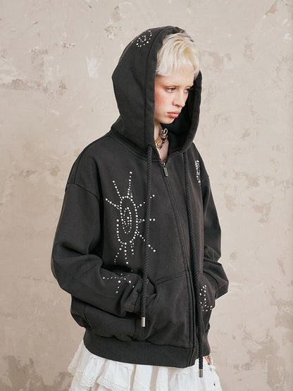 DIDDI MODA Vintage Studded Shell Hoodie With Fleece Lining