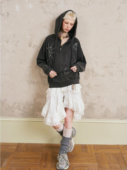 DIDDI MODA Vintage Studded Shell Hoodie With Fleece Lining