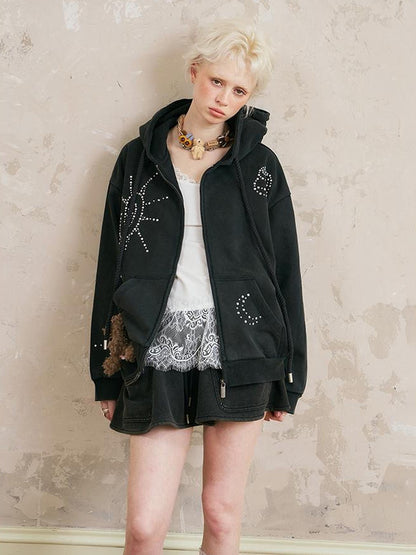 DIDDI MODA Vintage Studded Shell Hoodie With Fleece Lining