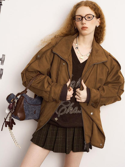 DIDDI MODA Vintage Suede Collar Layered Bomber Jacket